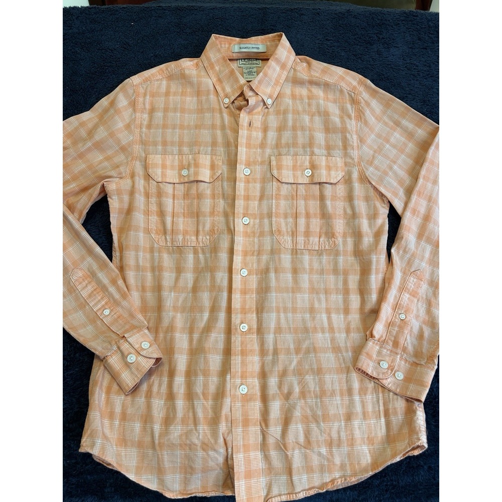 LL Bean Shirt Mens Small Orange Plaid Slightly Fitted Long Sleeve Chest Pockets